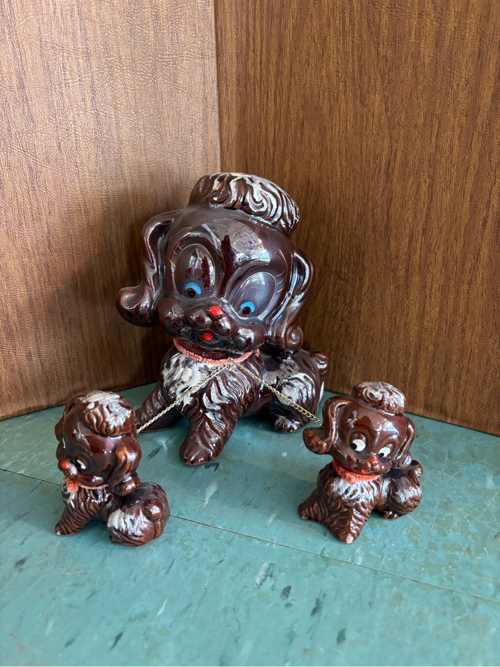 Vintage red ware Japan poodle with puppies Brown figurines